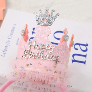 Pink glitter princess crown headband with Happy Birthday silver lettering and tulle