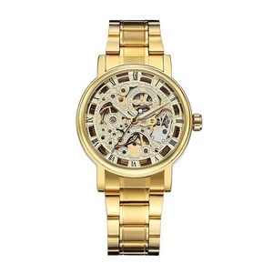 Montre mécanique automatique squelette en acier inoxydable doré avec chiffres romains