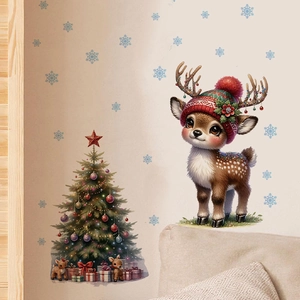 Détail de sticker mural de Noël avec renne au chapeau et sapin de fête décoré