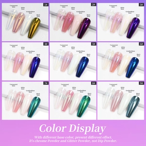 Lot de 9 poudres chromées pour ongles montrant les effets sur 4 couleurs de base variées