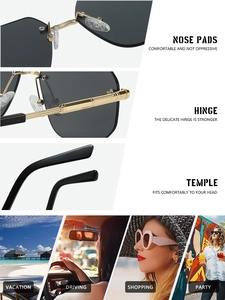 Detailed views of gold metal hinges, soft nose pads and lifestyle scenes for rimless sunglasses