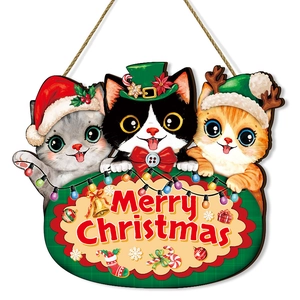Christmas wooden hanging sign featuring three cute cartoon cats and Merry Christmas banner