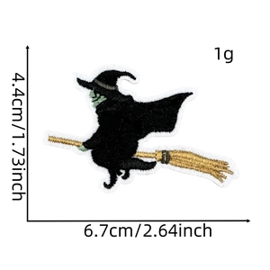 Flying witch embroidery patch with size specs for Halloween iron-on decoration