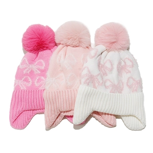 Children Knit Beanie Hat Ear Protection Faux Fur Pom Pom Bow Jacquard Warm Winter Outdoor For Kids Girls