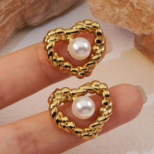 Boucles D'oreilles Coeur Acier Inoxydable 304 Plaqué Or 18K Künstliche Perle Imitation Corde Torsadée Creuse Vintage Pour Femmes