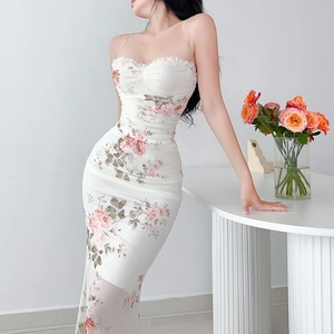 Französisches Vintage Midi Kleid Mit Blumendruck Sexy Spitzenbesatz Ärmelloses Camisole Bodycon Slim Fit Sommer Damen