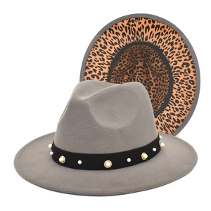 Grey wide brim wool fedora hat with pearl stud band and leopard print lining detail