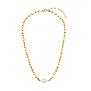 Golden oval bead necklace with baroque pearl and K18 hallmark on elegant white background