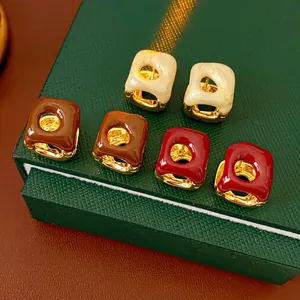French Vintage Square Hollow Earrings With Enamel And 925 Sterling Silver Earring Post For Women Versatile