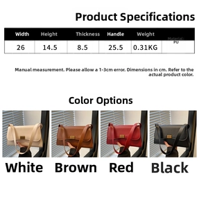 Detailed dimension guide and color options for minimalist PU leather shoulder bag