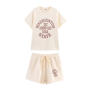 Top E Pantaloncini Da Donna Cotone Poliestere Maglia Stampa Lettere Vintage Manica Corta Coulisse Orlo Grezzo Streetwear
