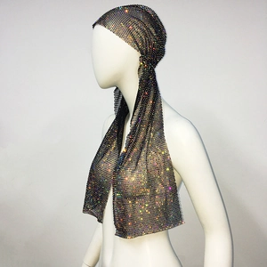 Close-up of black mesh headscarf featuring high-density colorful rhinestones for parties