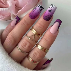 Halloween Press On Nails Purple Gradient Matte Coffin Fake Nails Spider Web Bat Long Ballet Artificial Fingernails
