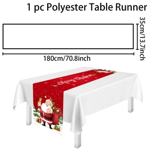 Detailed view of 180x35cm polyester Santa Christmas table runner with dimensions