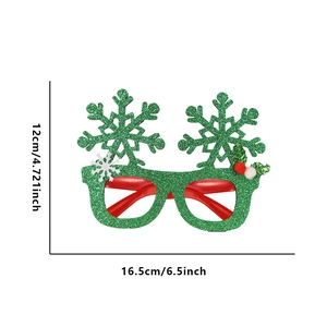 Detail view of green glitter snowflake party glasses with dimensions in inches and cm