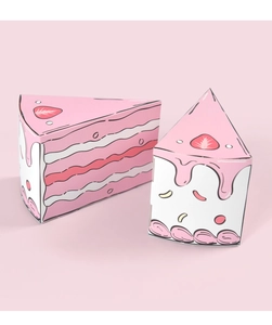 Detail view of 3D triangle cake shaped paper gift box with strawberry dessert illustration