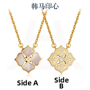 Detail of 925 silver 18K gold pendant showing side A mother of pearl and side B cutout lace