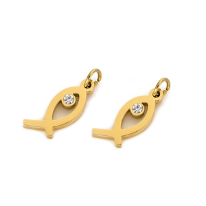 Pair of gold stainless steel fish charms with rhinestones for DIY jewelry making