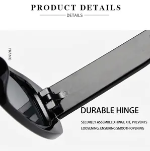 Close-up of durable square sunglasses hinge showing smooth opening mechanism detail
