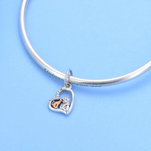 925 silver heart charm bracelet with girl and cat pendant on blue background