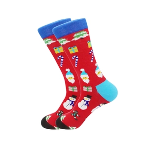 Cotton Christmas socks with Santa and snowman patterns on a red background