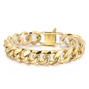 Polished golden stainless steel Cuban link bracelet with a secure box clasp for men