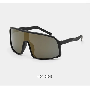 Detail view of matte black oversized cycling sunglasses with tinted panoramic lens