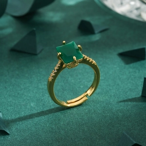 Vintage style square green zircon ring in gold finish with adjustable open band design