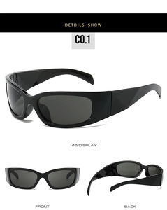 Detail view of black Y2K wraparound sunglasses showing front, back, and 45-degree angles