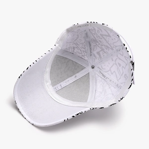 White cotton street style baseball cap with black and white graffiti lining and metal buckle
