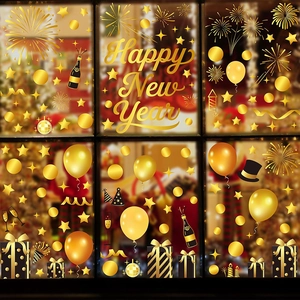 Golden Happy New Year window stickers with fireworks, balloons and champagne decorations