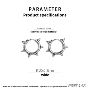Macro detail of stainless steel punk spike earrings with size and weight measurements