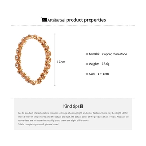 Detailed size chart for rose gold rhinestone geometric bracelet showing 17cm by 1cm dimensions