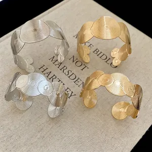 Geometric Open Cuff Bracelet Metal Concentric Circle Spiral Texture Minimalist Modern Adjustable Bangle Fashion Jewelry Women