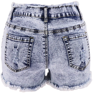 Rear view of high-waisted bleached denim shorts with distressed pockets and raw hems