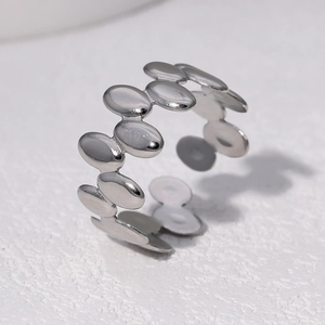 Irregular silver stainless steel ring with stacked oval disc design and open band