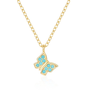 Detailed macro of gold butterfly pendant featuring twelve inset turquoise opal gemstones