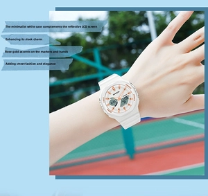 Close-up of white Sanda sports watch with rose gold dial details on a wrist outdoors