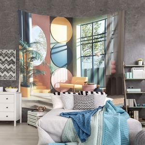Macro detail of Bohemian geometric tapestry with modern tropical plants and Morandi colors