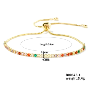 Adjustable gold bracelet with colorful square zircon stones and 28cm length details