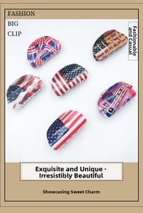 Detail view of 6-piece large hair claw clips with USA flag and London city print designs