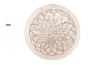 Close-up of 8cm transparent Christmas ball with golden geometric patterns and glitter