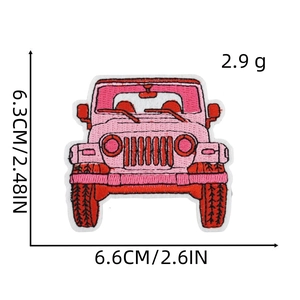 Pink Jeep cartoon embroidered patch with iron-on backing, dimensions 6.6cm by 6.3cm