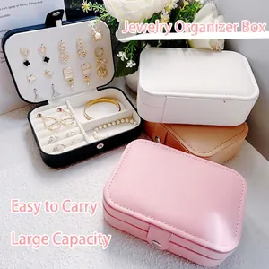 Double-layer faux leather jewelry box with compartments for rings and earrings