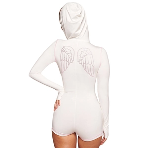 Damen Kapuzen-Einteiler Langarm Romper Strass Flügel Slim Fit Frontreißverschluss Kontrastnähte Y2K Streetwear