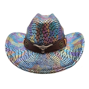 Western Cowboy Hat Iridescent Snakeskin Pattern With Leather Band Metal Bull Head Decoration Party Costume For Men Women