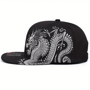 Close-up of white dragon print on high-quality black cotton snapback baseball cap