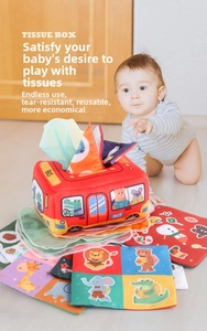 Detail of red bus plush tissue box toy with colorful fabric tissues for baby play