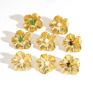 Golden flower earrings set with natural stones in green, white, pink and tiger eye