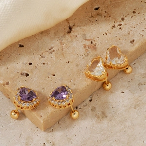 Exquisite copper heart earrings with purple and clear cubic zirconia in gold plating